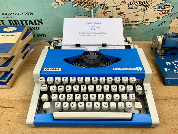 Blue Olympia Traveller de Luxe Typewriter from Charlie Foxtrot Typewriters